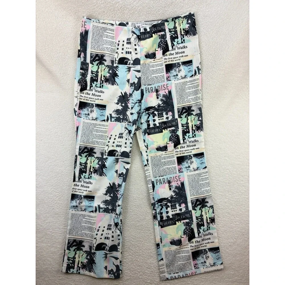 Princess Polly Chino Pants Womens 12 White Newspaper Print Paradise Streetwear